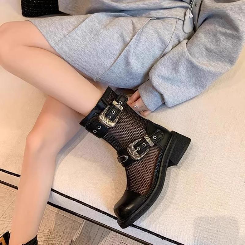4.5 Medium Heel Thick-soled Mesh Boots Women's Summer New Hollow Mesh Thin Short Boots Belt Buckle Cool Boots