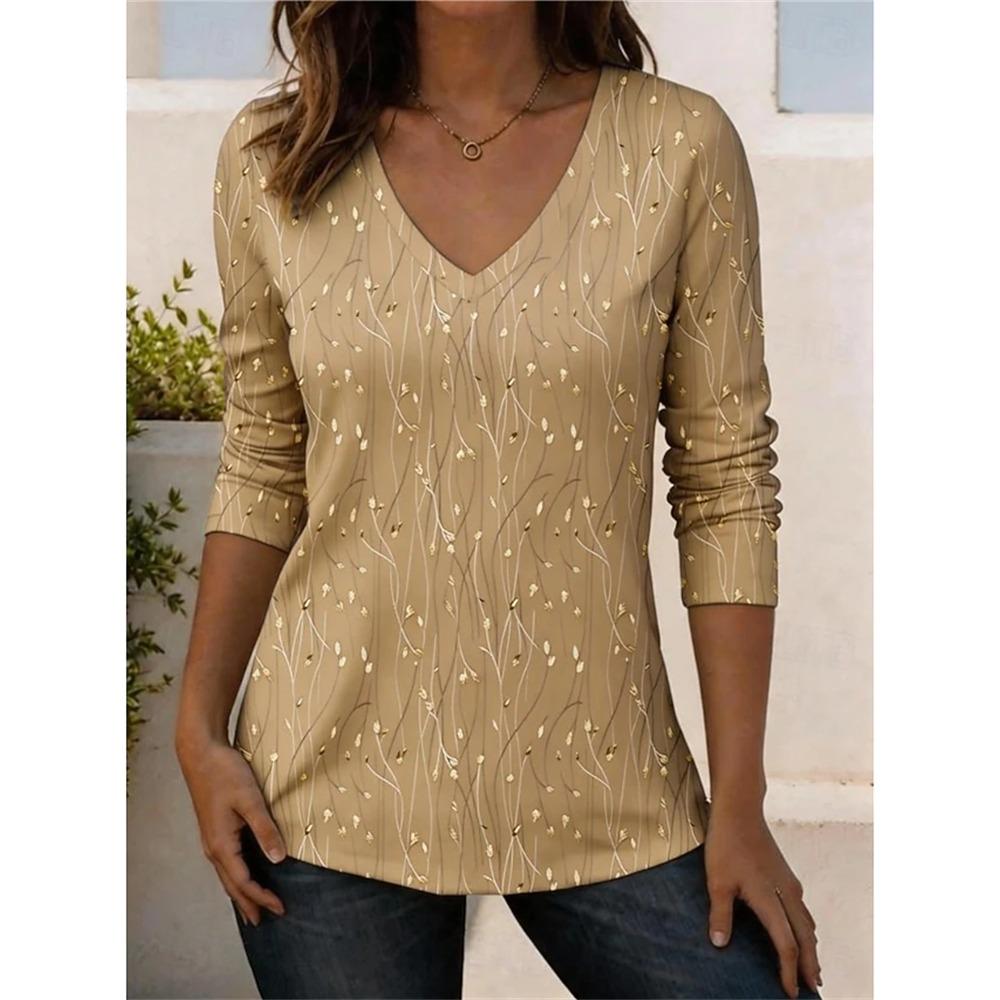 Elegant Women's Autumn Top V-Neck Vintage-Print Long-Sleeve T-Shirt Loose Comfortable and Stylish for Streetwear or Outdoor Wear