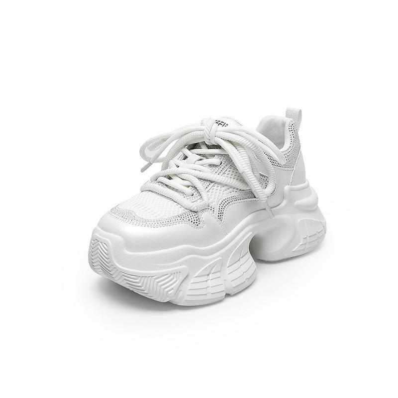 7 Inner Height Increase Dad Shoes Women's Spring and Summer Rhinestone Muffin Thick-soled Small Leather Casual Sports Shoes