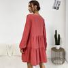 Women's Pleated Loose Long-sleeved Cotton and Linen Red Dress