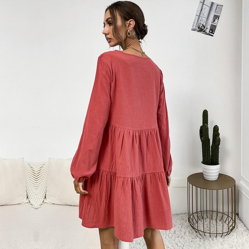 Women's Pleated Loose Long-sleeved Cotton and Linen Red Dress