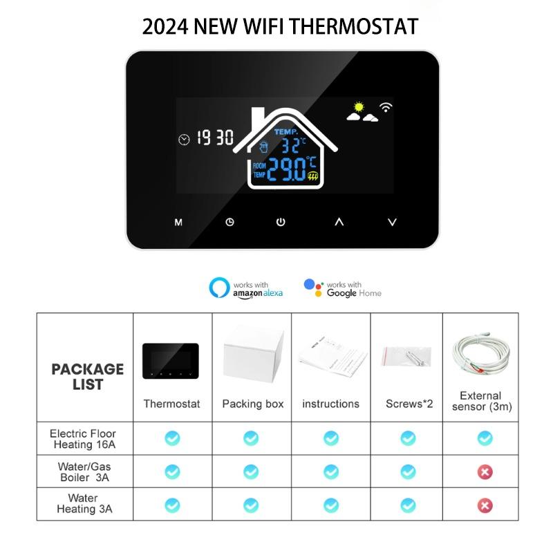 2024 New Smart Thermostat Tuya WiFi Temperature Controller Electric Floor Heating Plumbing LCD Display for Alice AlexaGoogleHome