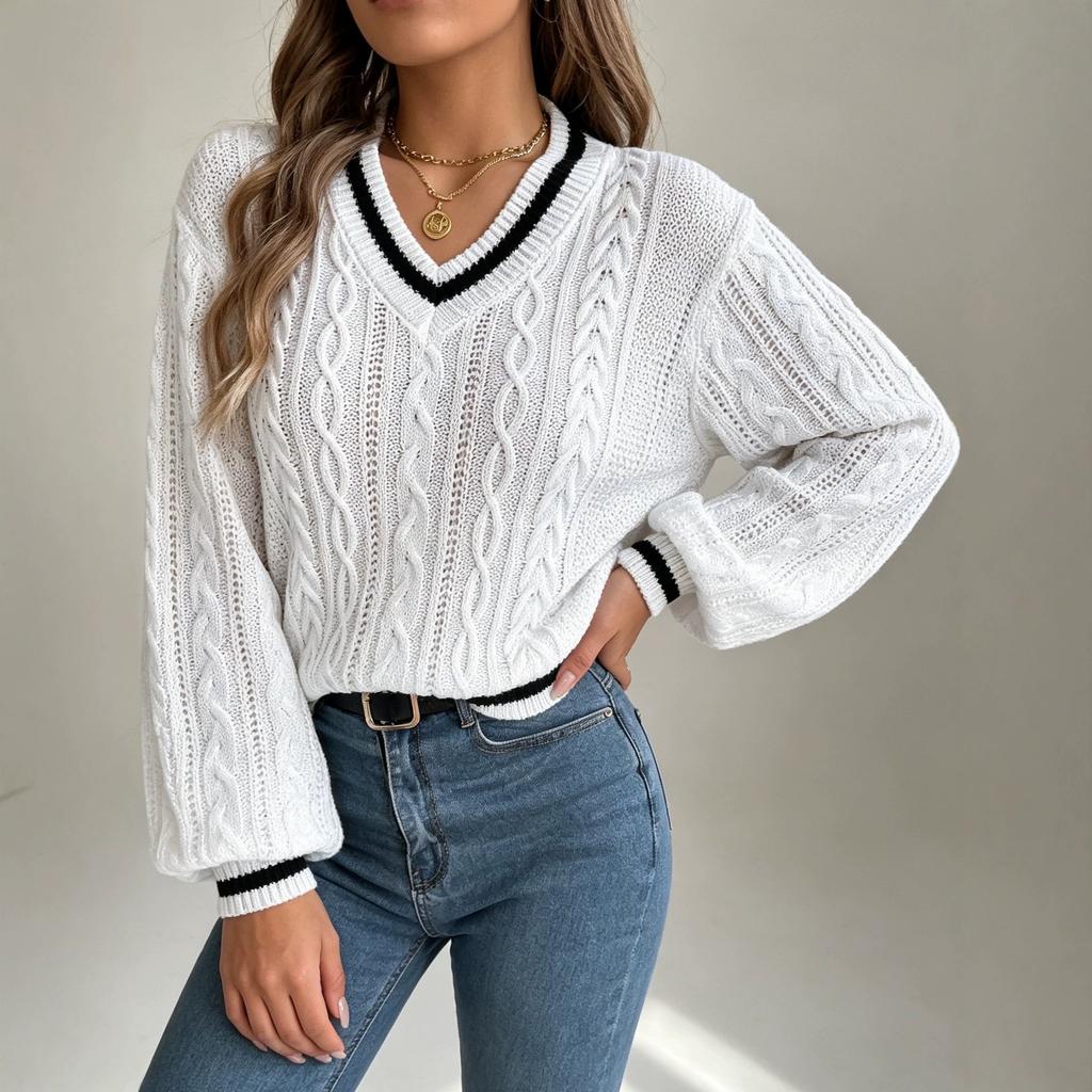 Women S V Neck Lantern Sleeve Pullover Sweater Loose Fit College Style Autumn Winter