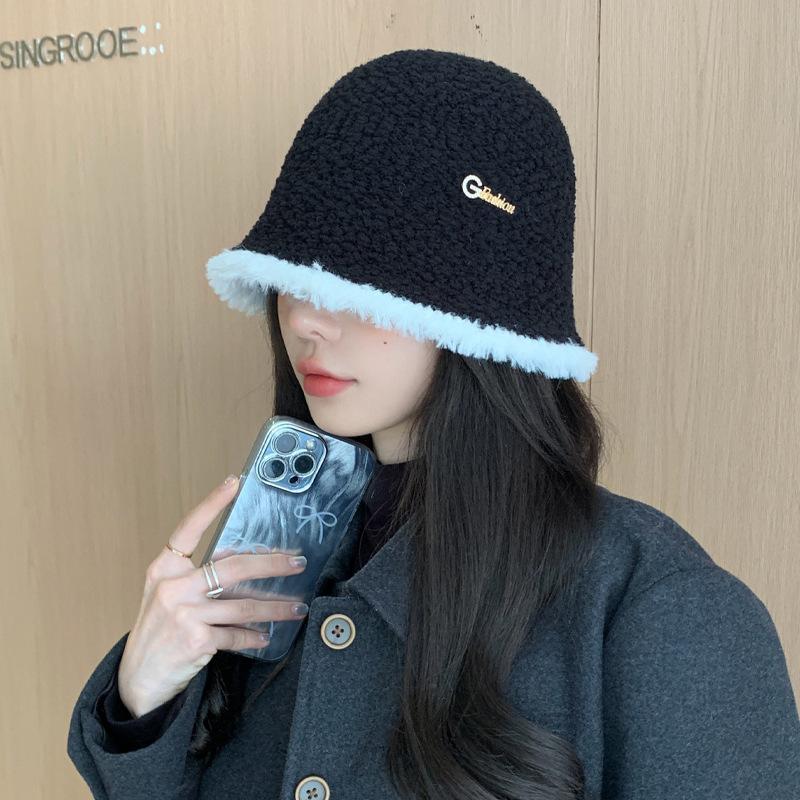 Korean Version of Autumn and Winter New Hat for Women with High End Metal Plush Fisherman Hat for Winter Thermal Basin Hat Bucket Hat Thick