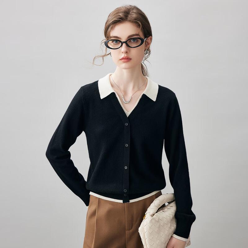 Kemeng Boka Women's Faux Two-Piece Cashmere Sweater with Color Block Lapel