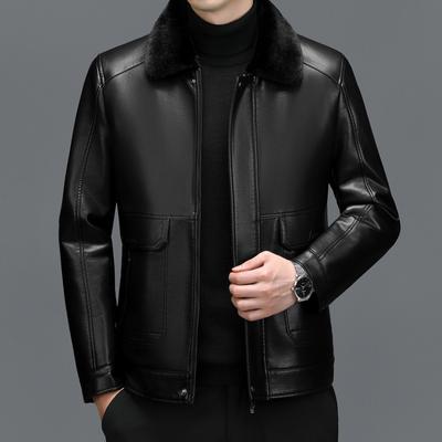 Chaqueta de cuero integrada de longitud media para hombre, chaqueta de piel de oveja gruesa para hombre de mediana edad, invierno