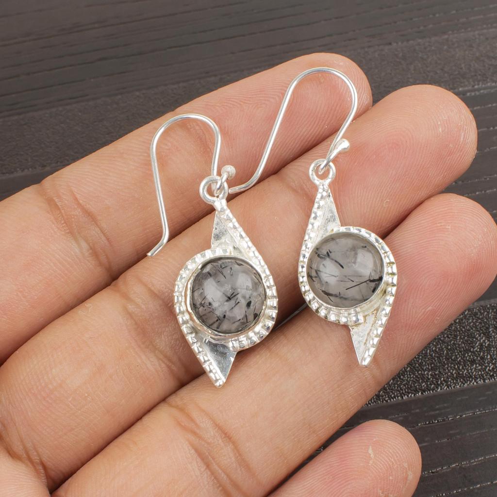 Black Rutile Handmade Silver Earrings, 925 Sterling Silver Designer Earrings, Beautiful Gemstone Earrings Gift For Wife