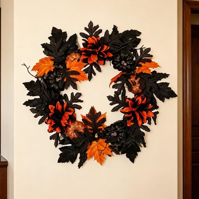 Artificial Leaves Wreath Halloween Wreath Decoration 40cm/15.7inch for Front Door Entryway, Porch, Wall Display Use