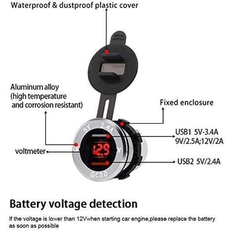 Aluminum Alloy Fast Charge QC 3.0 Dual with Voltmeter Charger DC12V-24V Led Display for Cars Motorcycles ATVs RVs SUVs Boats