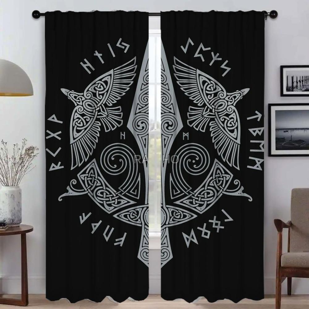 Vikings Odins Ravens Muninn Elegant Room Curtains 2 Pieces Window Curtain Shades Curtains for Bedroom Halloween Decoration Child