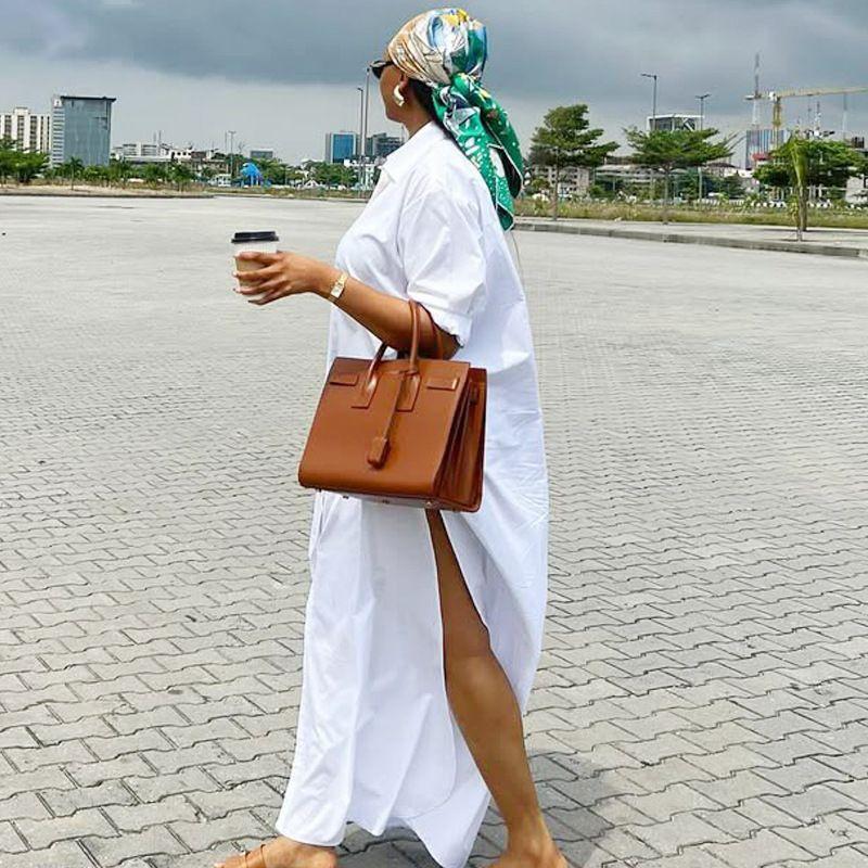Western Style Casual Fashion Loose Shirt Dress African Long sleeve Split Dress Loose Shirt Skirt
