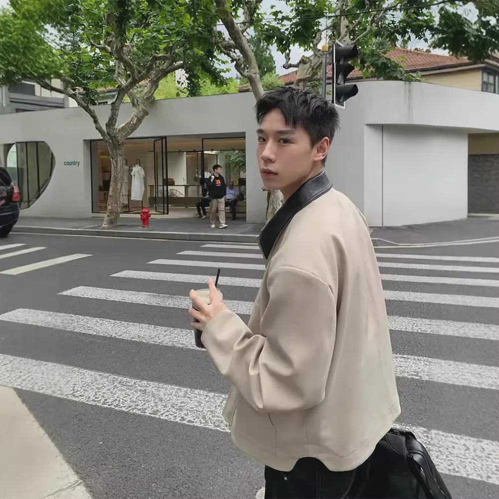 Korean Style Men's Contrast Lapel Leather Jacket - Autumn Short, Loose Fit with Padded Shoulders