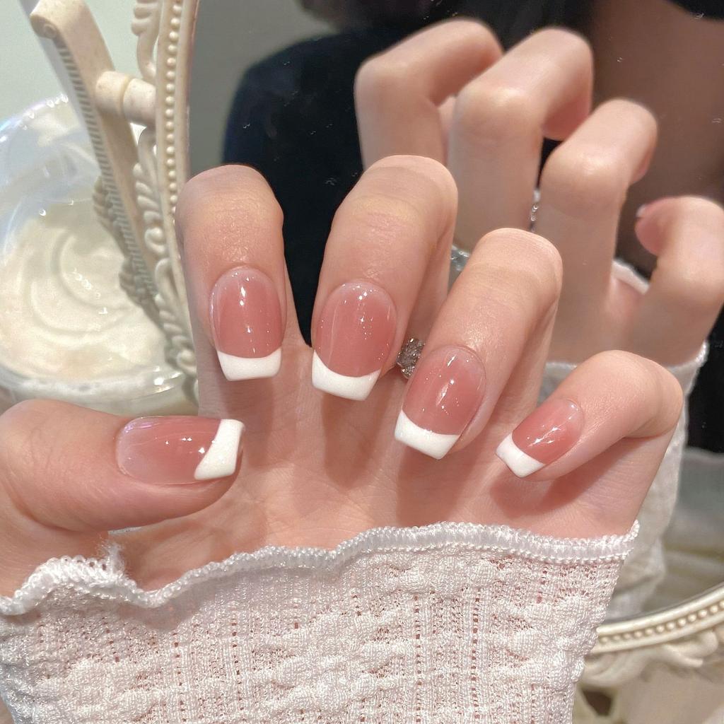 10 Pcs White French Handmade Short Square Press On Nails Simple Artificial False Nail Tips