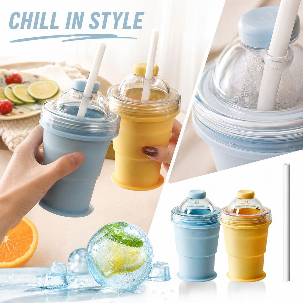 Tasse Pliante pour Glaçons avec Paille, Silicone de Qualité Alimentaire Réutilisable pour l'Été en Plein Air