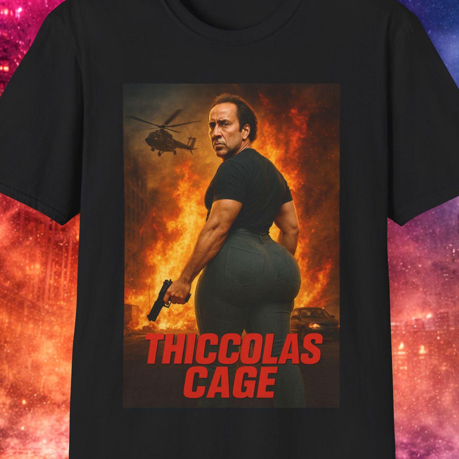 Thiccolas Cage Funny Meme T-Shirt, Funny Movie Poster Shirt, Gag Inappropriate Cursed Celebs Gift, Raunchy Stupid Tee Shirt XL
