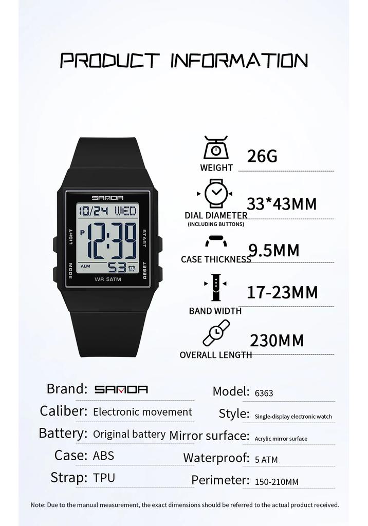 SANDA Women's Casual Digital Watches LED Lighting Stopwatch Alarm Clock Time Display 3ATM Waterproof Lady Elegant Watches 6363