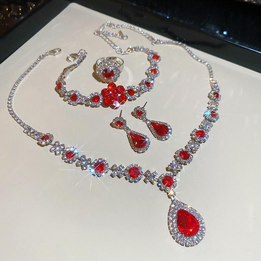 Rhinestone Geometric Flower Water Drop Earring & Necklace Set - Elegant Light Luxury Clavicle Chain