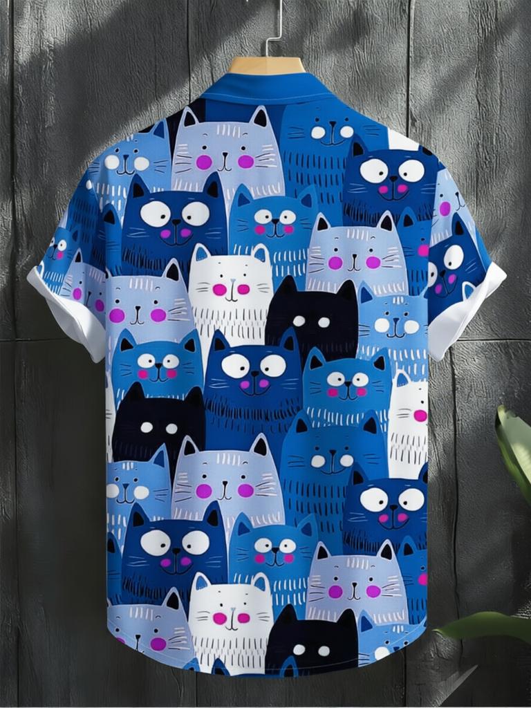 Digital Print - Men's Short Sleeve Shirt, Men's Casual Short Sleeve Shirt, All-Over Cute Cat Print, Stylish and Versatile for Beach Vacations -
