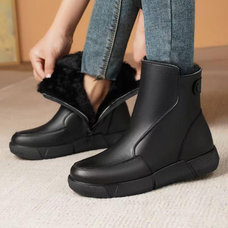 Women Winter New Leather Big Size Ankle Snow Boots Thick Sole Non Slip Thicken Plush Keep Warm High Top Flat sole Cotton Boots