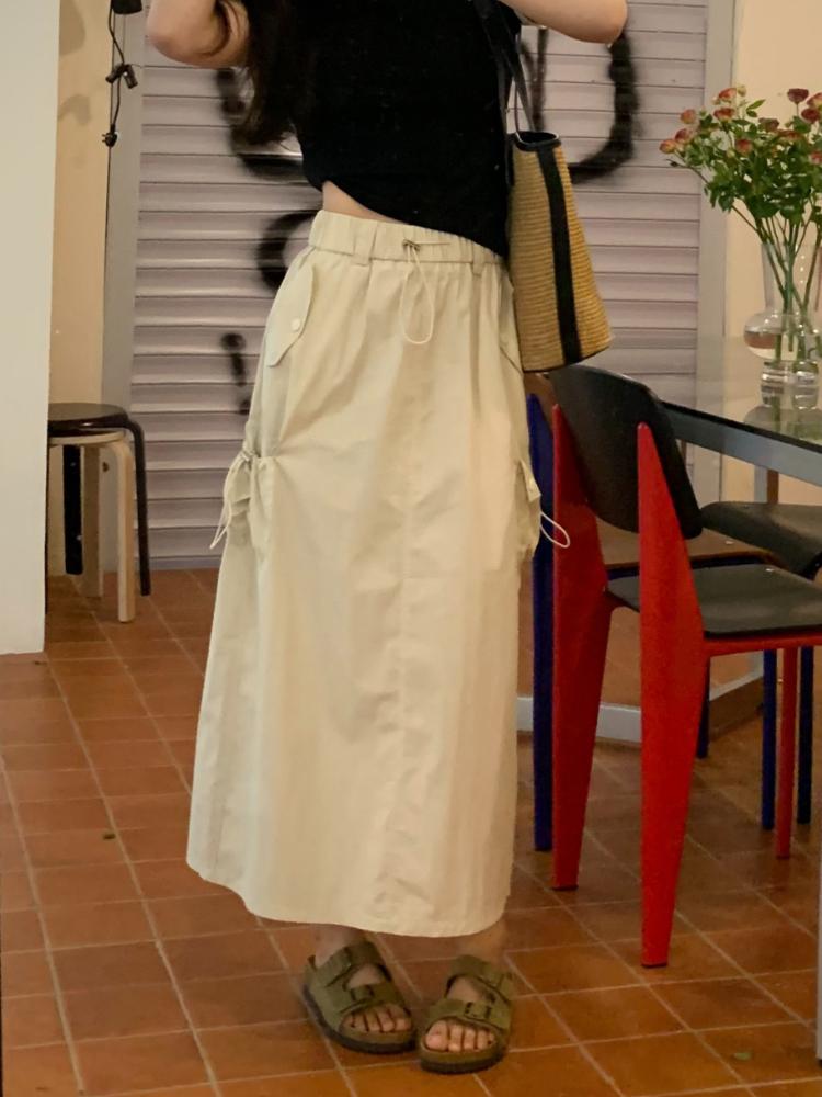 Chic Drawstring Pocket Design Cargo Skirt Women Summer Retro High Waist Gyaru Split Long Skirts Harajuku Fashion Streetwear New