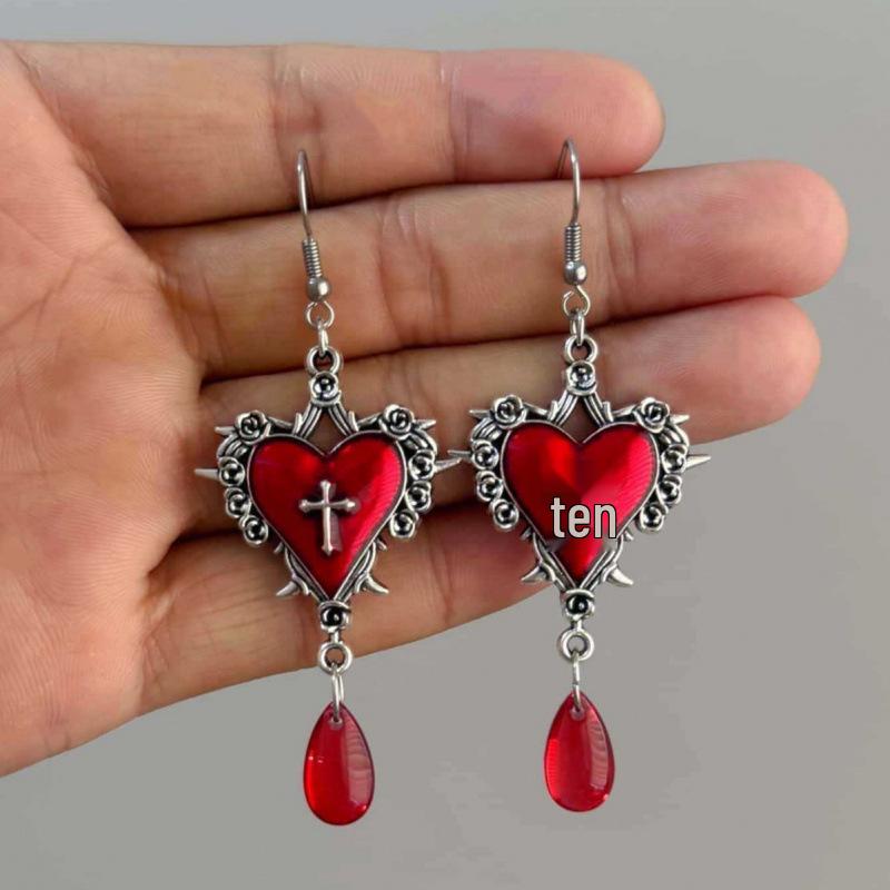 Dark Gem Blood Red Gothic Heart Rose Thorn Earrings - Original Halloween Design