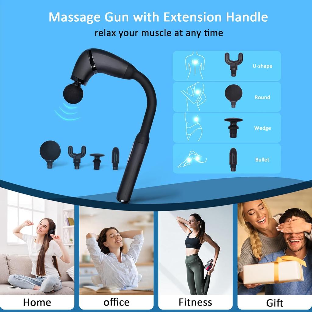 RM60 Massage Gun with Extension Handle Percussion, Percussion Massage Gun for Pain Relief, Deep Tissue Handheld Muscle Massager for Back,Relax