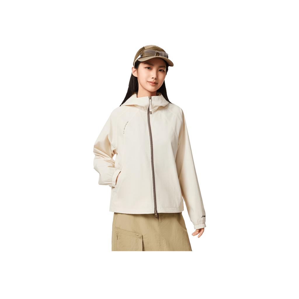 Li-Ning Comfortable Casual Minimalist Solid Color Sports Hooded Zipper Windbreaker Women Outerwear Eggshell-Gray AFDVE68-1