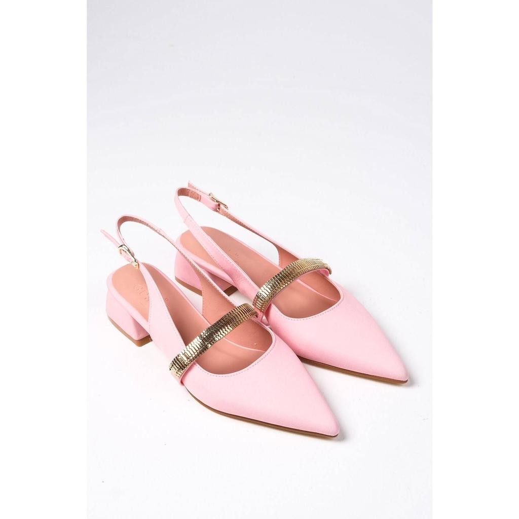 Chaussures à talons courts en tissu satiné mat rose clair élégant pour femmes