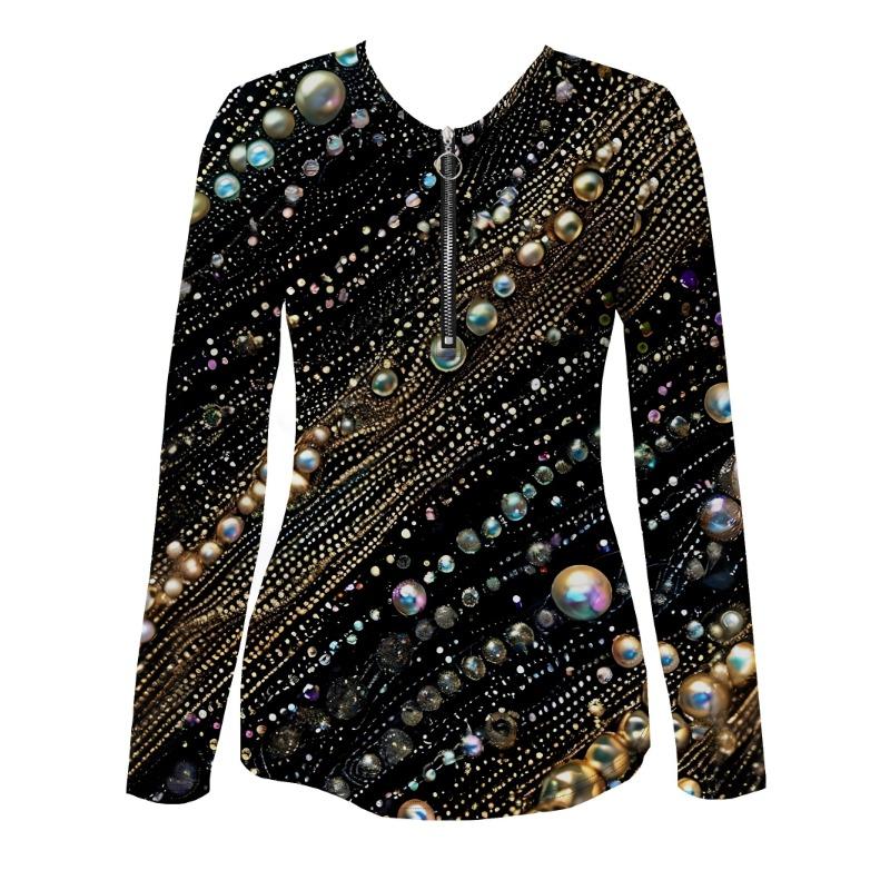 Jewelry Pattern Zipper T-shirt Casual Long-sleeved Top Suitable for Spring and Autumn Suitable for Home and Outdoor Wear