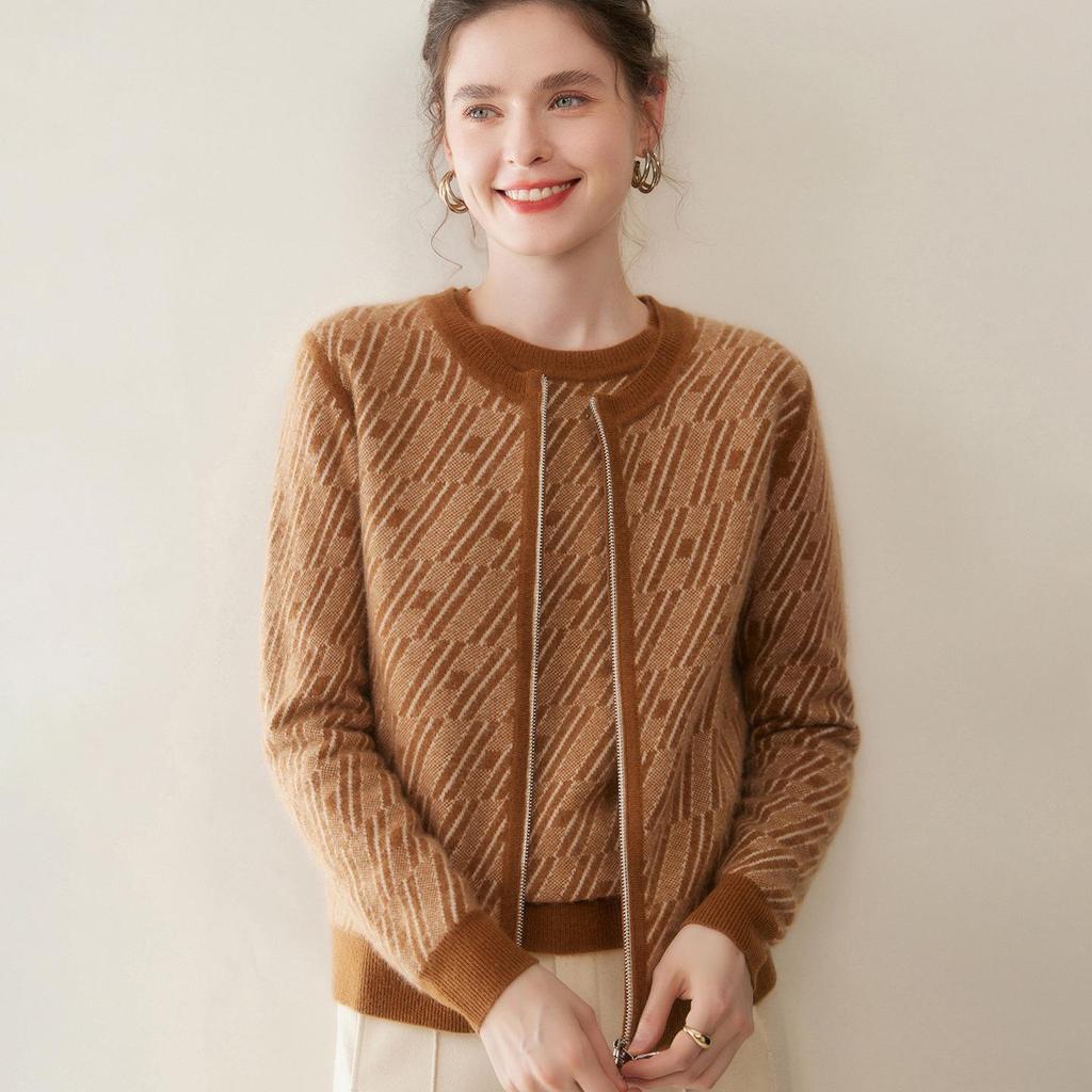 Women's Cashmere Zip-Up Cardigan - Color-Block Jacquard, Autumn/Winter Collection, Round Neck Knit Sweater