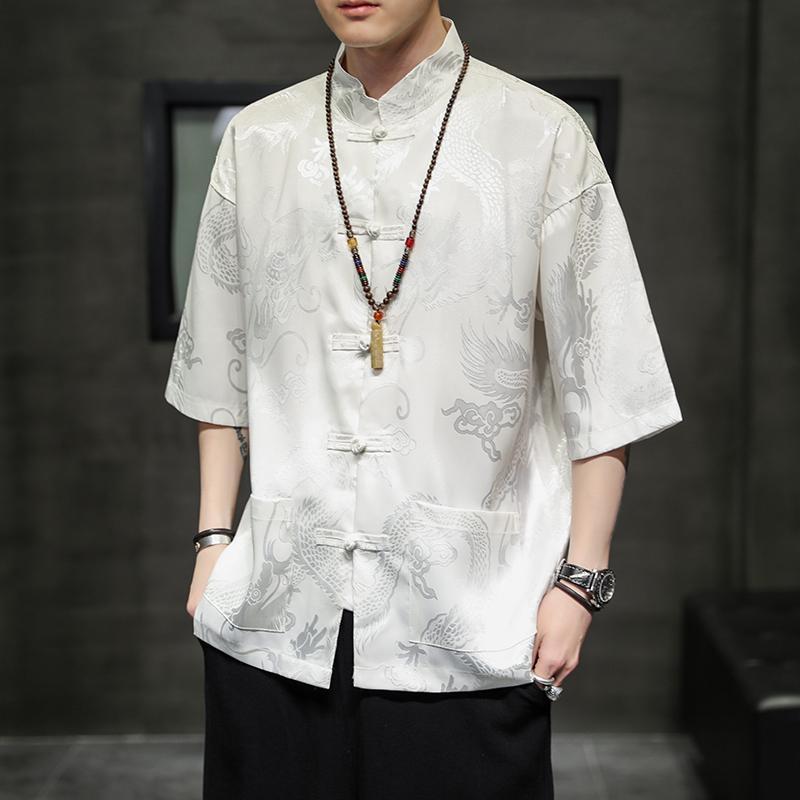 Ice Silk Short-sleeved Shirt Men's Chinese Style Thin Buckle Dragon Pattern Half-sleeved Large Size Loose Tang Suit Shirt Summer