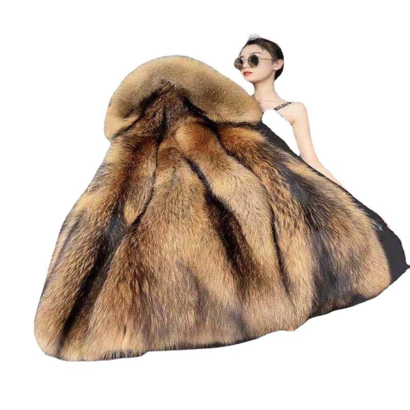 Women's Mid-Length Cotton Coat with Removable Faux Raccoon Fur Liner - Thickened, Plus Size