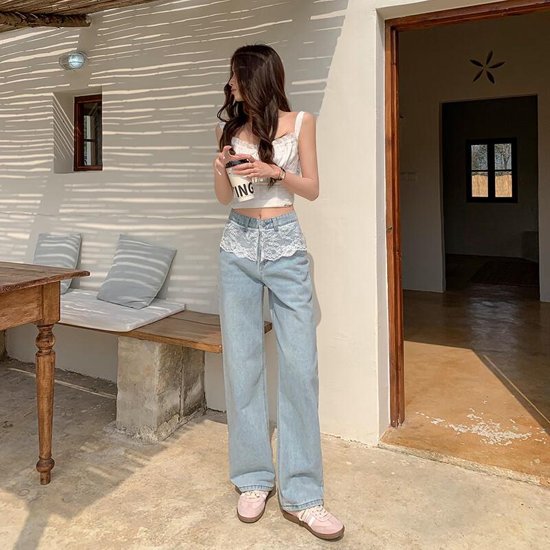 Pantaloni in Denim Patchwork di Pizzo a Vita Alta da Donna