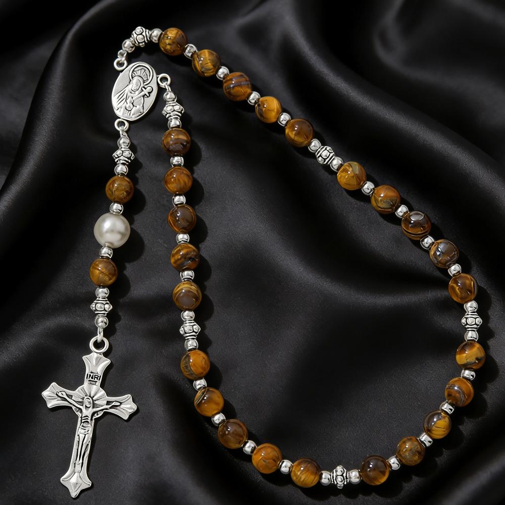 Vintage Cross Religious Rosary Beads Chain Jesus Crucifix Virgin Mary Pendant Chain Jewelry Religious Prayer Beads Bracelet
