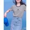 Basic House Women's Dark Blue Stripe Print Short Sleeve T-shirt