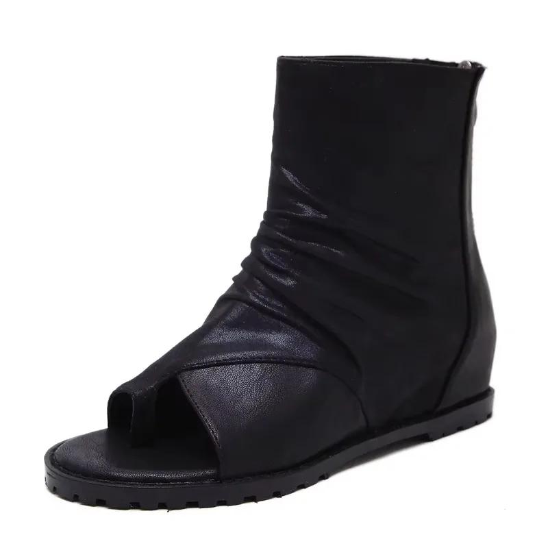 Retro Ring Toe Sandals Gladiator Rome Shoes Leather Pleated Wedge Ankle Boots Casual Rear Zipper Flat Cool Botas Black Khaki