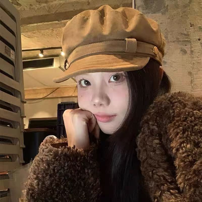 Autumn atmosphere Maillard~ Brown suede flat-topped newsboy hat for women's autumn and winter retro British octagonal beret