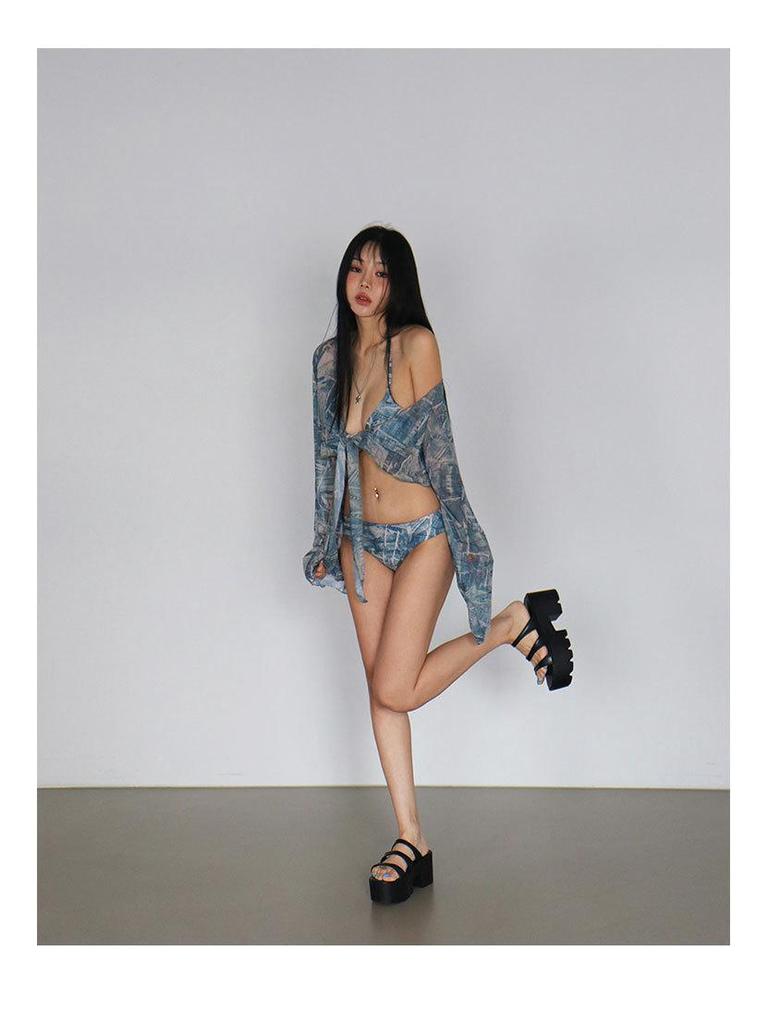 Damen Pure Desire Sexy Göttin 4-teiliges Bikini-Badeanzug-Set mit Sonnenschutz Langärmeliges Überkleid