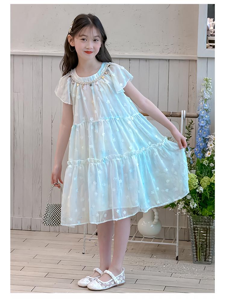 2026 New Girls' Sweet Dress Summer New Short Sleeved, Mid Length, Western-style Princess Dress Summer Cute Style