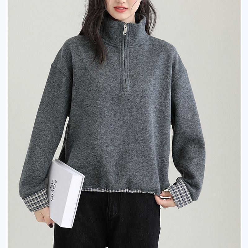 Чистый хлопок китайский хлопок композитный бархат серебристой лисы осень-зима новый сращенный клетчатый свитер темно-серого цвета в стиле колледж со стойкой L темно-серого 2580₽