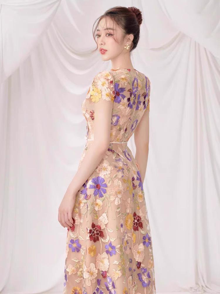 Colorful Flower Embroidery V-Neck Short-Sleeve Dress by Vietnamese Designer