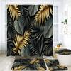 Black and Gold Tropical Plant Palm Leaf Bathroom Shower Curtain Set for Bathtub Exotic Leaves Bath Mats Rugs Toilet Home Decor