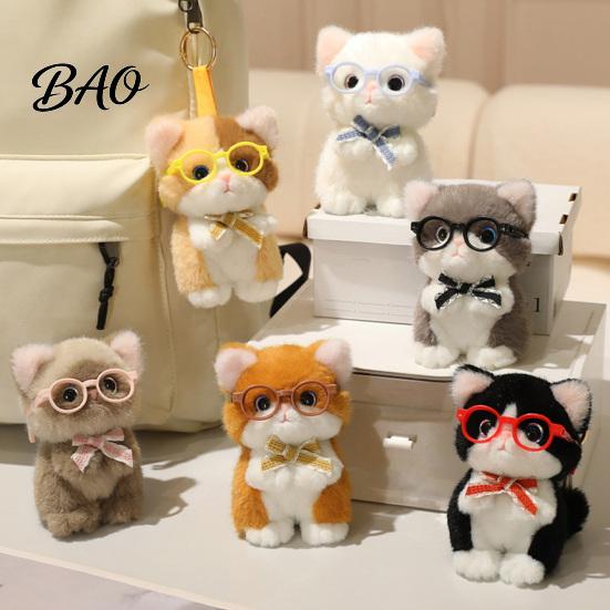 Stuffed Toy Keychain Cute Plush Kitten Pendant with Glasses And Tie, Soft Animal Polyester for Backpacks Keys, Decorative Hanging Plushie Kids Fabric