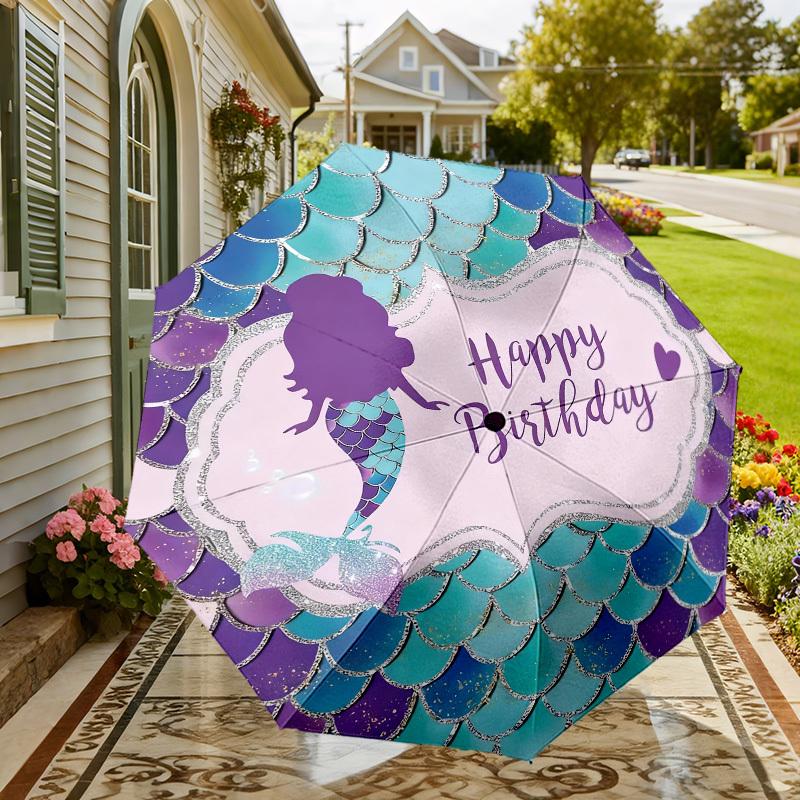 1pc Mermaid Happy Birthday Automatic Folding Umbrella, Heavy Duty 8 Rib Iron Frame,  Suitable for Travel, Daily Use, Birthday, Decor Gift m0104036