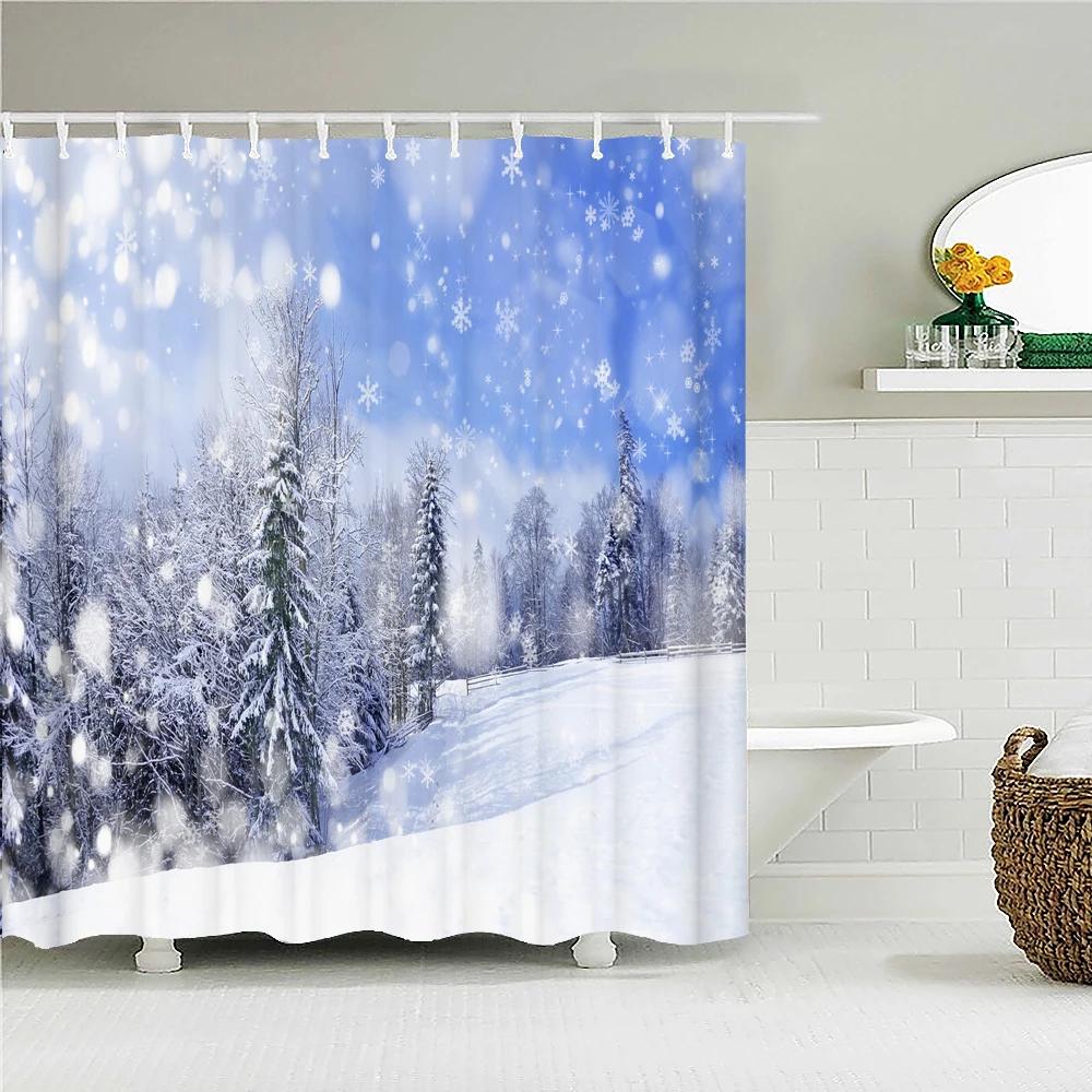 

Christmas Shower Curtain Waterproof Fabric Snow Scene Cedar Trees landscape Print Shower Curtains for Bathroom Shower with Hooks 90x180cm-35x70in