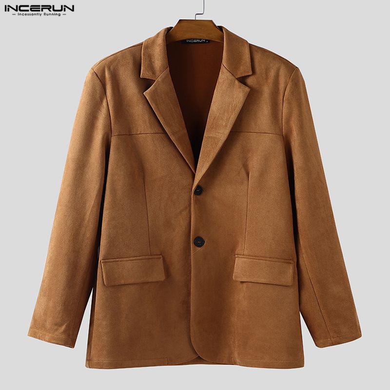 INCERUN Autumn Men Notched Lapel Long Sleeve Suede Blazer Casual Loose Coats