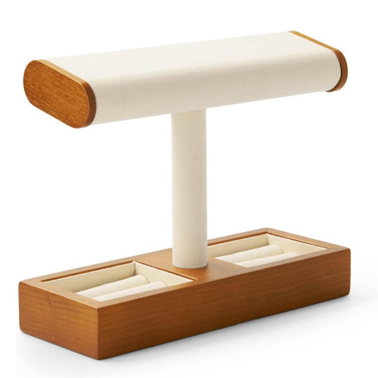 

Milibess [Watch Stand for 2 Watches] Tabletop Watch Stand, Watch Holder, Watch Storage, Display Stand with Ring Storage Tray, Wooden x Ivory,