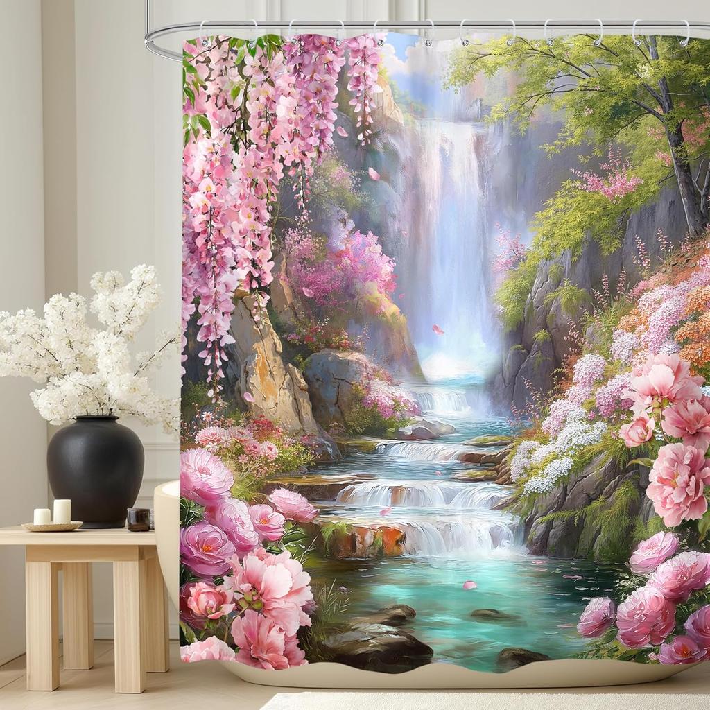 Czarny Kot Księżyc Zasłona Prysznicowa Mistyczna Noc Kwiat Wiśni Kwiatowy Gotycki Nowoczesny Estetyczny Tkanina Wodoodporny Poliester