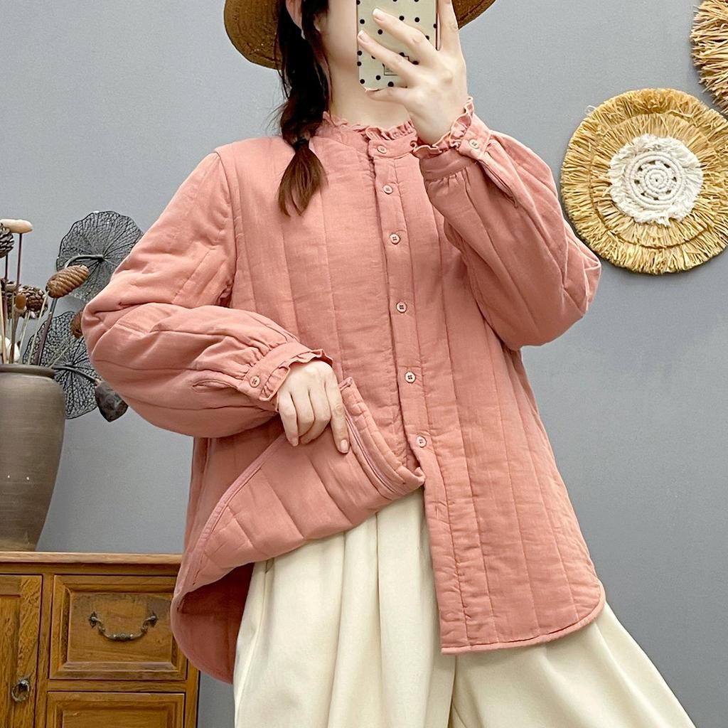 Women's Lightweight Quilted Cotton Jacket - Retro Lace Collar, Warm Winter Inner Wear