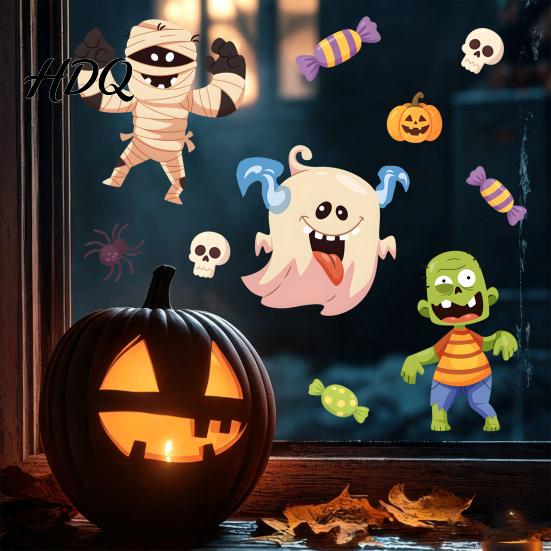 Reusable Static Cling Ornaments Halloween Window Clings Cartoon Ghost Pumpkin Witch Monsters Decals Waterproof Seasonal Glass Surface Adhesives